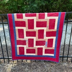 Vintage antique Americana flag log cabin pattern quilt throw blanket red blue